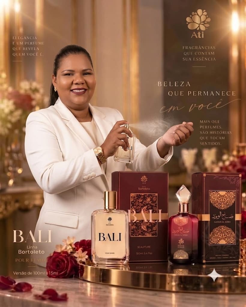 Consultora apresentando perfumes Bali da Linha Bortoleto